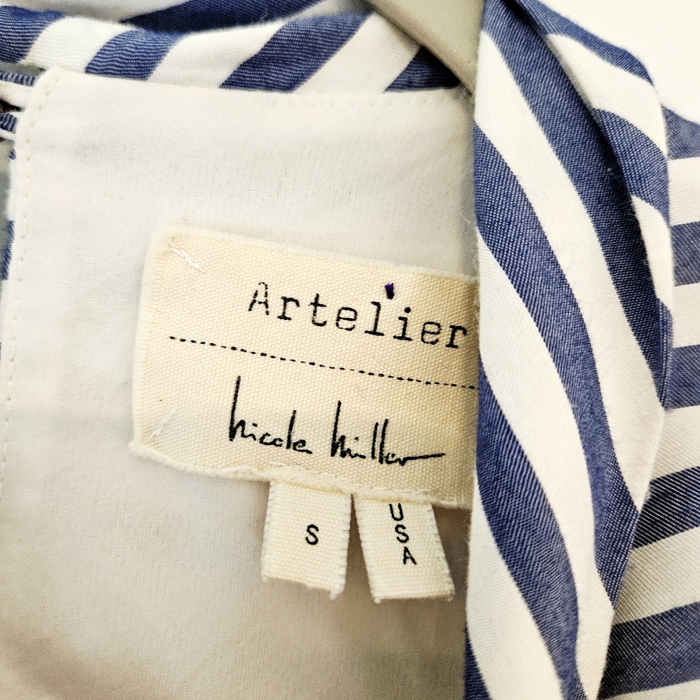 Nicole Miller Atelier Striped Asymmetrical Ruffle Blouse Tie Neck Top S - Picture 4 of 7